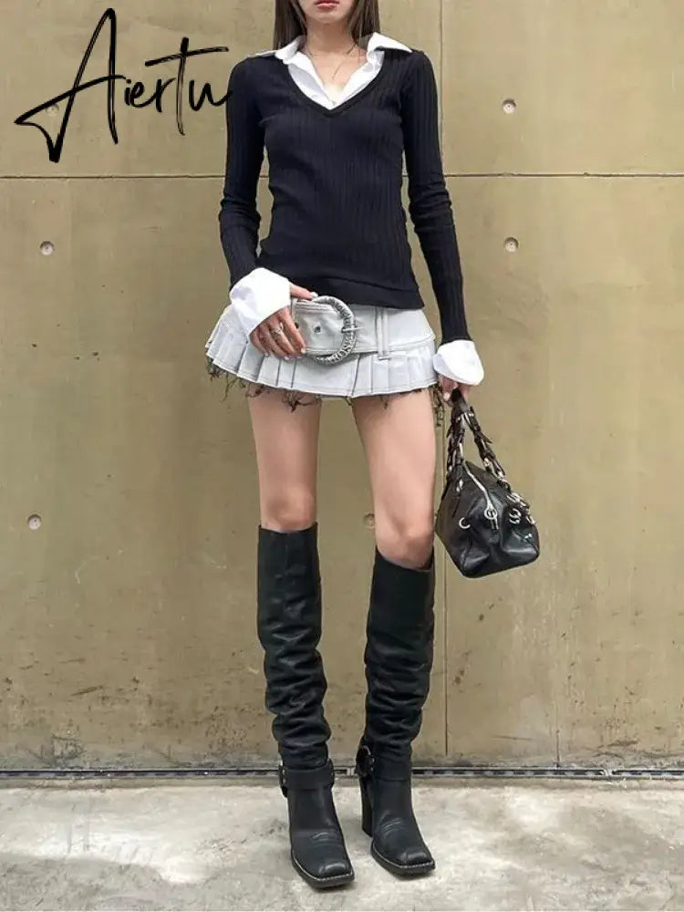 Aiertu Autumn Fake Two Pieces Slim Fit Streetwear Tops Grunge Patchwork Contrast Color Tshirts All Match Y2k Aesthetic Women T-shirt Aiertu