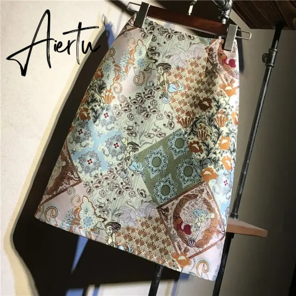Aiertu Autumn  High Waist A-line Skirts Light Mature One Step Skirt Ladies Medium Length Retro Wrapped Hip Skirt Jacquard Skirt Aiertu