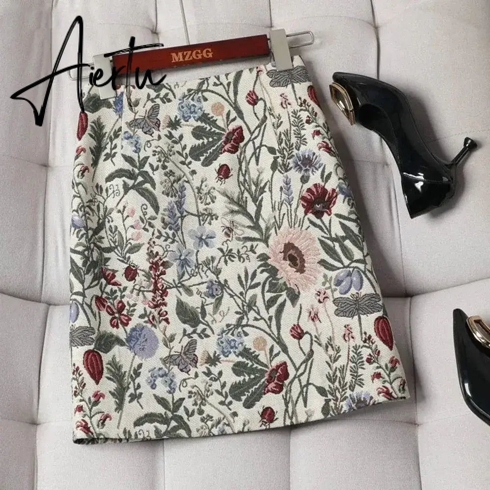 Aiertu Autumn  High Waist A-line Skirts Light Mature One Step Skirt Ladies Medium Length Retro Wrapped Hip Skirt Jacquard Skirt Aiertu