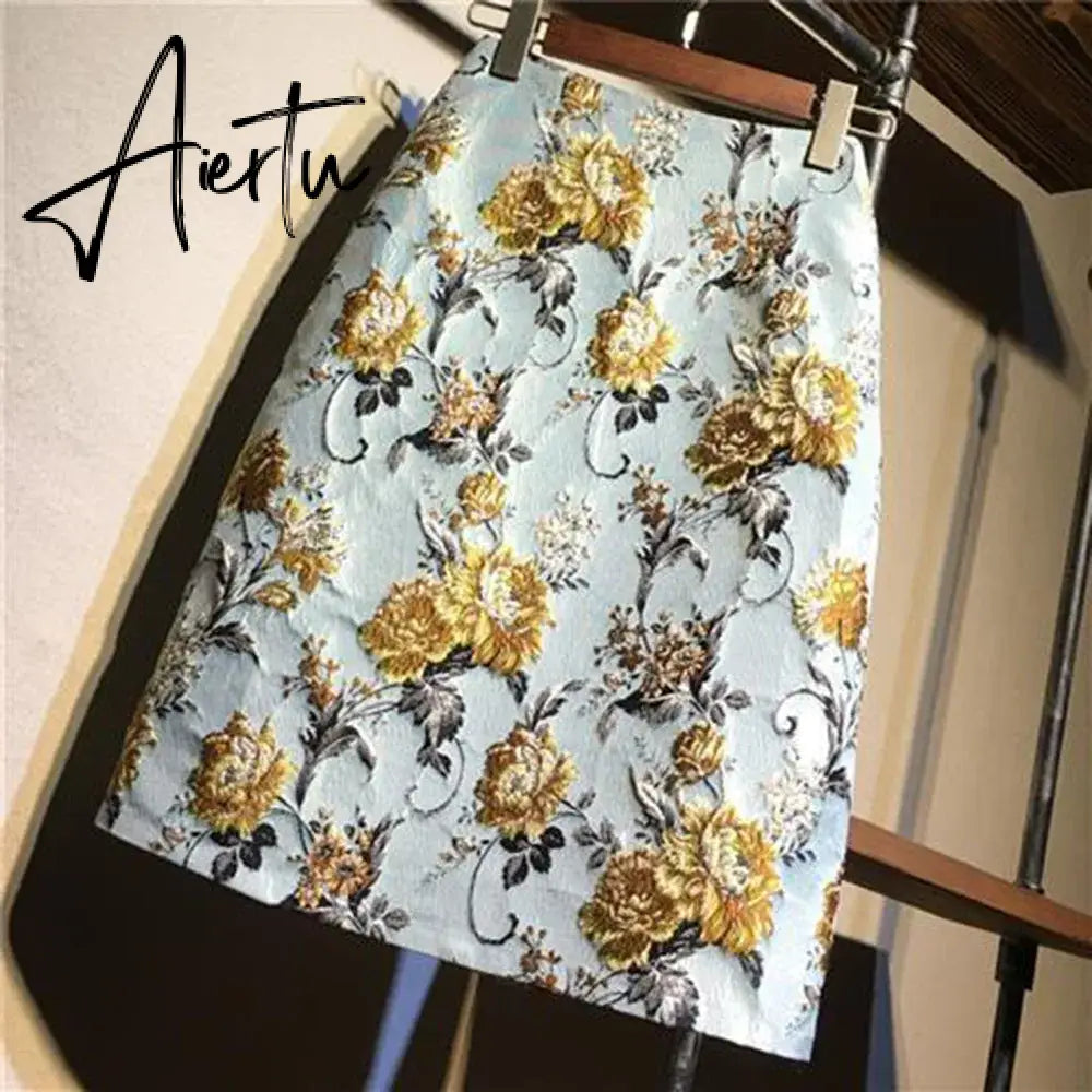Aiertu Autumn  High Waist A-line Skirts Light Mature One Step Skirt Ladies Medium Length Retro Wrapped Hip Skirt Jacquard Skirt Aiertu
