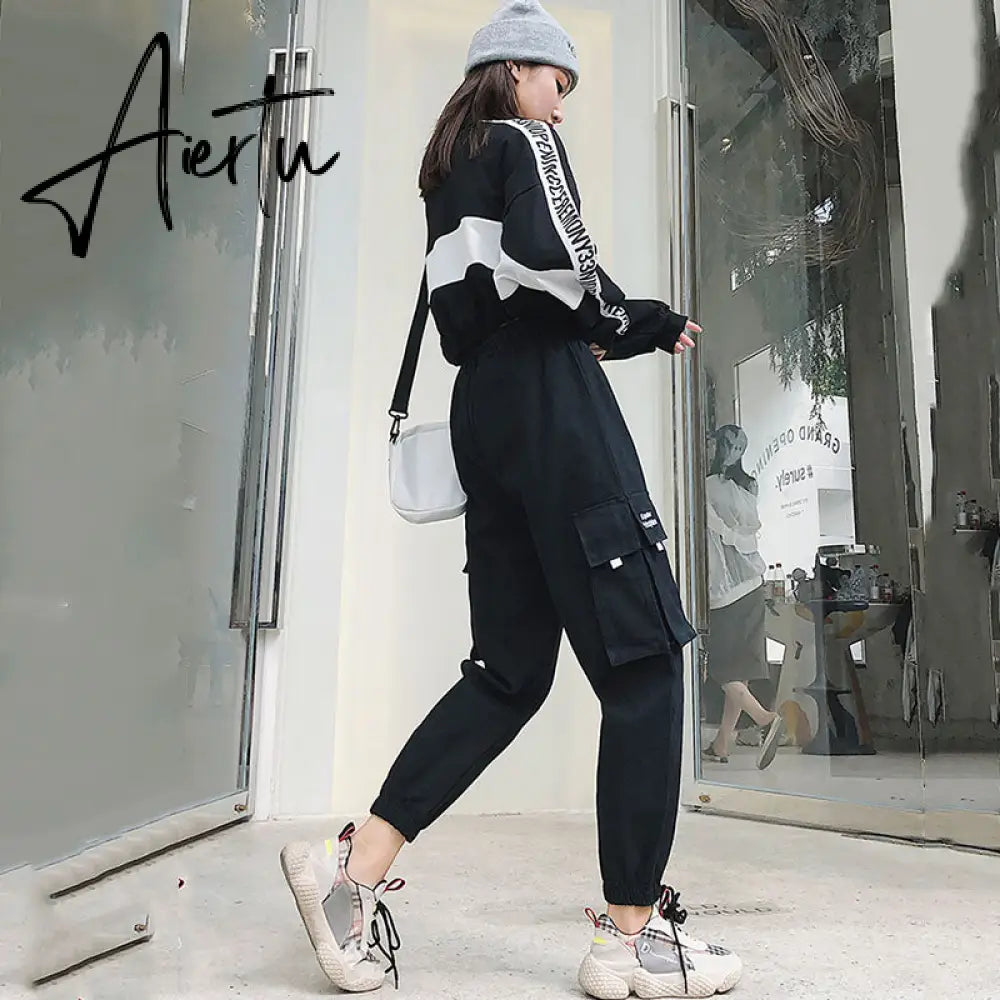 Aiertu  Autumn High Waist Streetwear Cargo Pants Female Harajuku Loose Joggers Women 2 Piece Suit harem camo pants Aiertu
