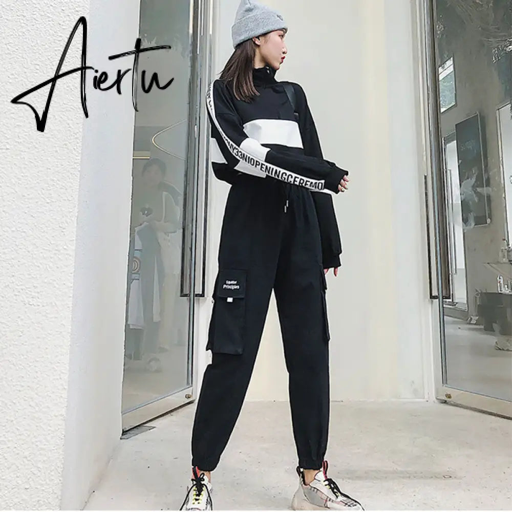Aiertu  Autumn High Waist Streetwear Cargo Pants Female Harajuku Loose Joggers Women 2 Piece Suit harem camo pants Aiertu