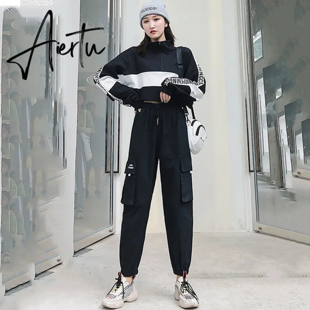 Aiertu  Autumn High Waist Streetwear Cargo Pants Female Harajuku Loose Joggers Women 2 Piece Suit harem camo pants Aiertu