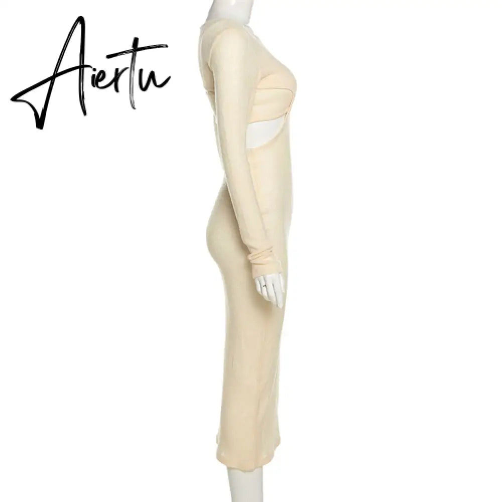 Aiertu  Autumn Knitted Sexy See Through Long Sleeve Maxi Dress And Sleeveless Short Camisole Women Party Dresses Two Pieces Set Aiertu