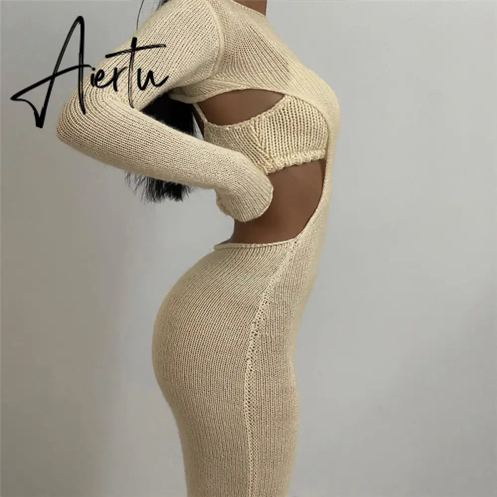 Aiertu  Autumn Knitted Sexy See Through Long Sleeve Maxi Dress And Sleeveless Short Camisole Women Party Dresses Two Pieces Set Aiertu