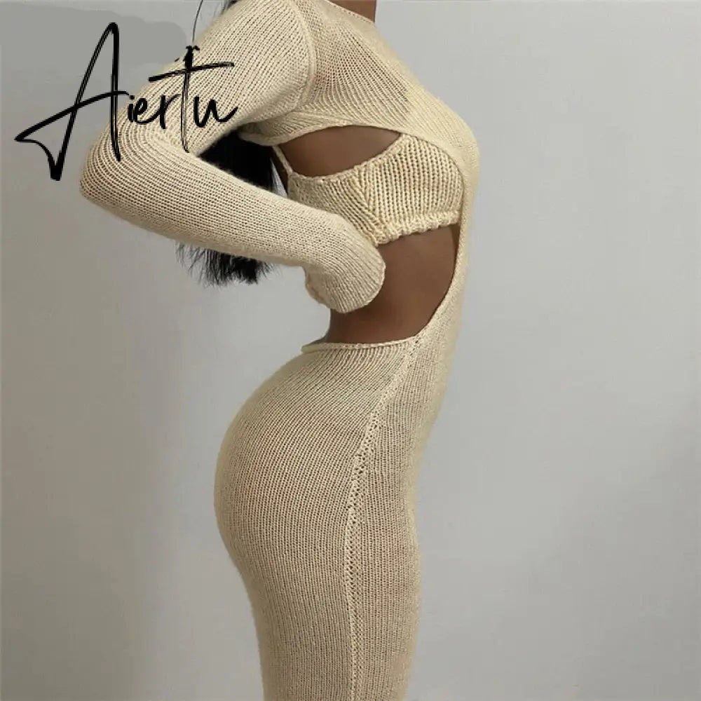 Aiertu  Autumn Knitted Sexy See Through Long Sleeve Maxi Dress And Sleeveless Short Camisole Women Party Dresses Two Pieces Set Aiertu