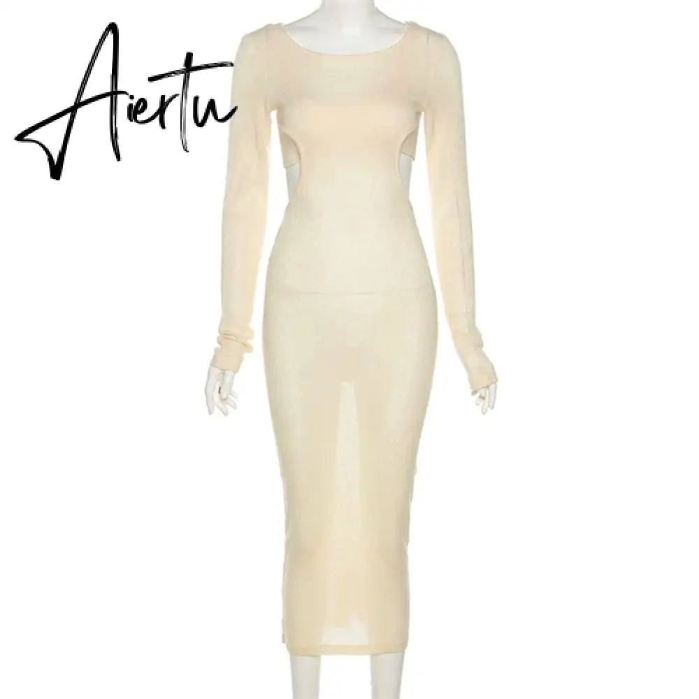 Aiertu  Autumn Knitted Sexy See Through Long Sleeve Maxi Dress And Sleeveless Short Camisole Women Party Dresses Two Pieces Set Aiertu