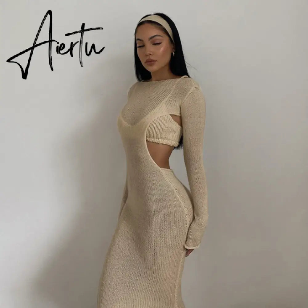 Aiertu  Autumn Knitted Sexy See Through Long Sleeve Maxi Dress And Sleeveless Short Camisole Women Party Dresses Two Pieces Set Aiertu
