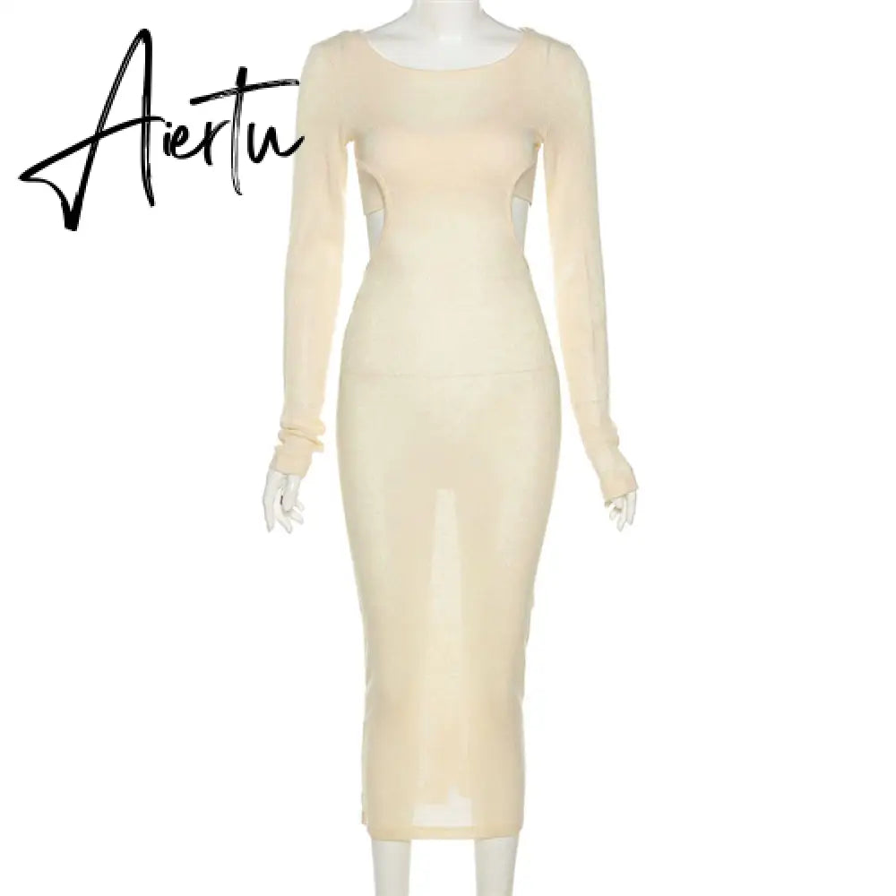 Aiertu  Autumn Knitted Sexy See Through Long Sleeve Maxi Dress And Sleeveless Short Camisole Women Party Dresses Two Pieces Set Aiertu