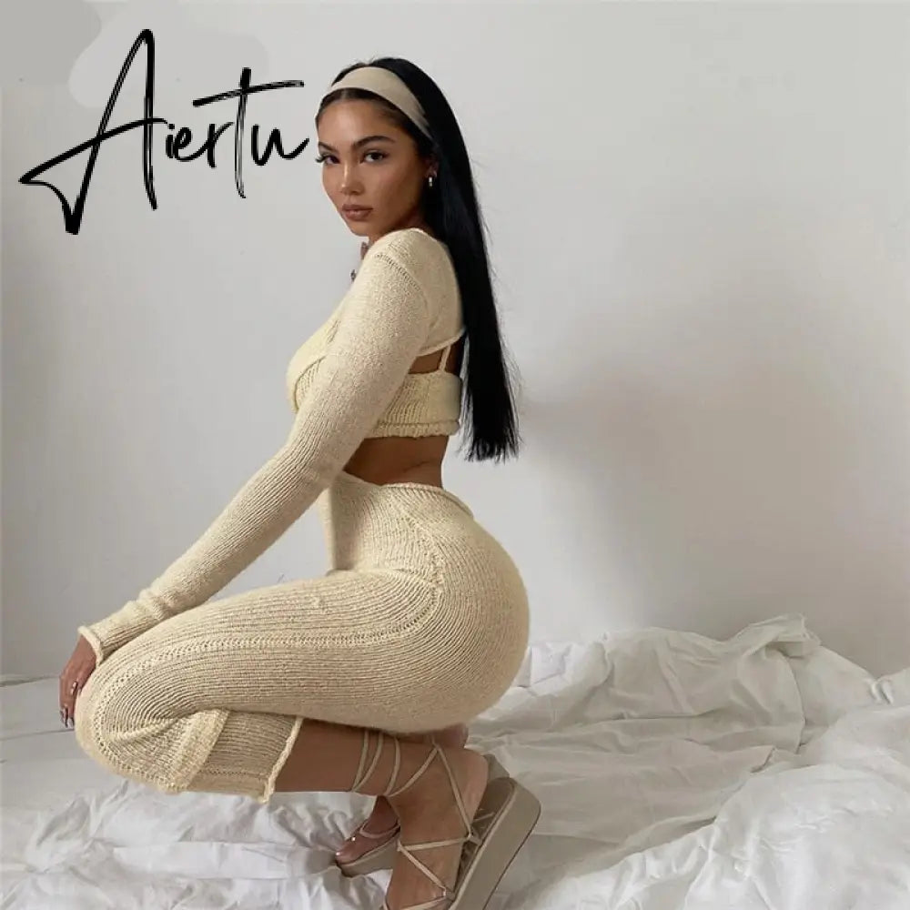 Aiertu  Autumn Knitted Sexy See Through Long Sleeve Maxi Dress And Sleeveless Short Camisole Women Party Dresses Two Pieces Set Aiertu