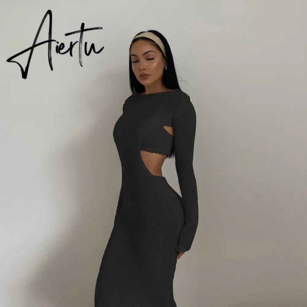 Aiertu  Autumn Knitted Sexy See Through Long Sleeve Maxi Dress And Sleeveless Short Camisole Women Party Dresses Two Pieces Set Aiertu