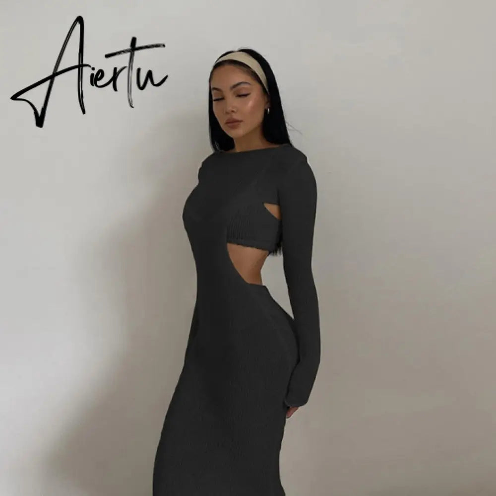 Aiertu  Autumn Knitted Sexy See Through Long Sleeve Maxi Dress And Sleeveless Short Camisole Women Party Dresses Two Pieces Set Aiertu