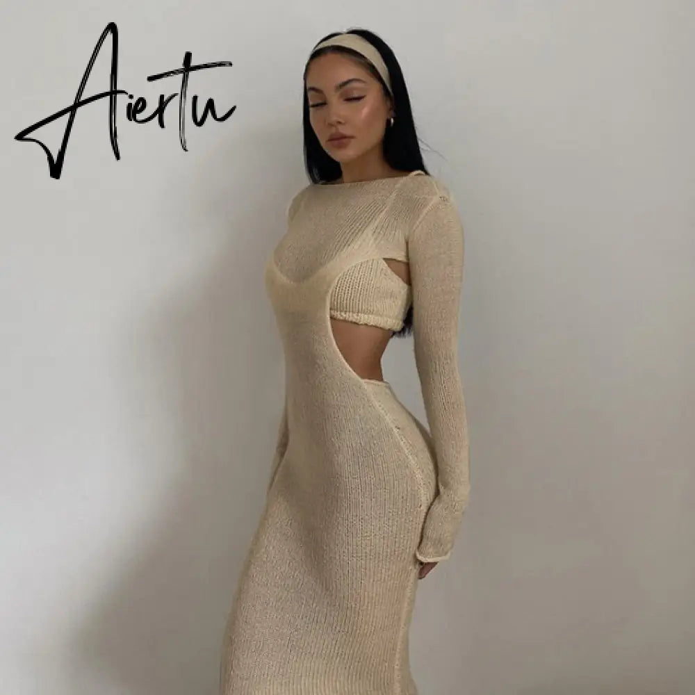 Aiertu  Autumn Knitted Sexy See Through Long Sleeve Maxi Dress And Sleeveless Short Camisole Women Party Dresses Two Pieces Set Aiertu