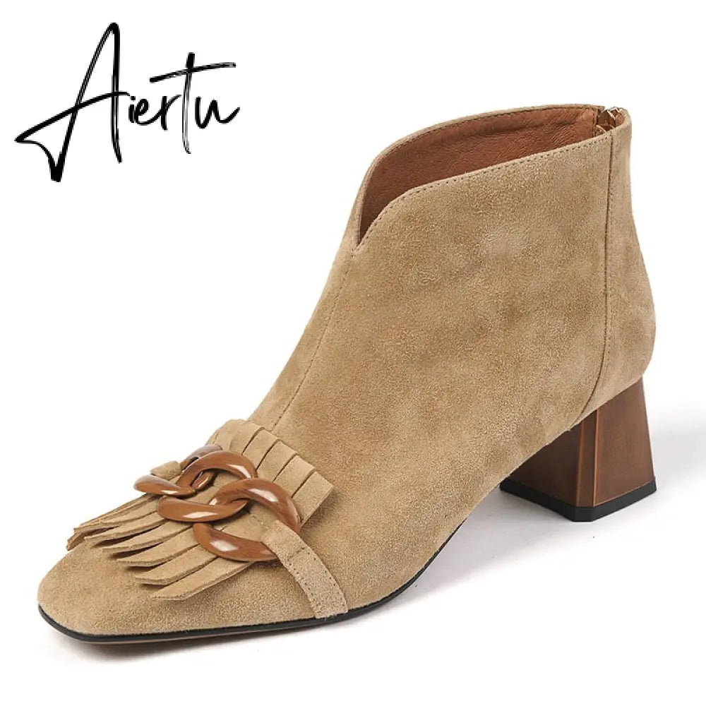 Aiertu Autumn Ladies Sheep Suede Fringe Ankle Boots Zip Chunky High Heel Square Toe Chain Tassel Boots Fashion Women Modern Boots Aiertu