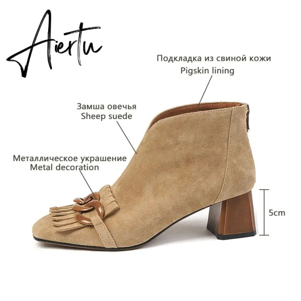 Aiertu Autumn Ladies Sheep Suede Fringe Ankle Boots Zip Chunky High Heel Square Toe Chain Tassel Boots Fashion Women Modern Boots Aiertu