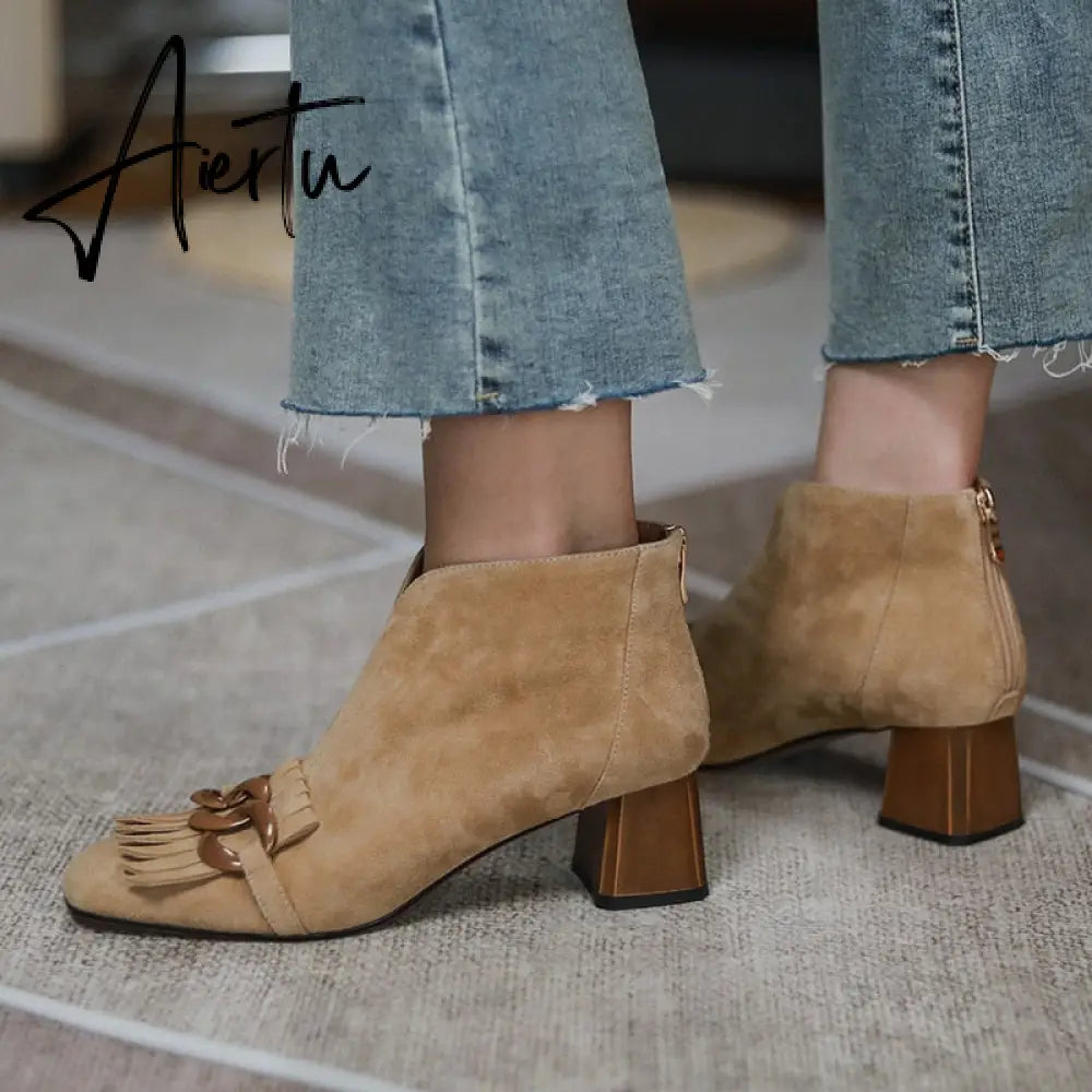 Aiertu Autumn Ladies Sheep Suede Fringe Ankle Boots Zip Chunky High Heel Square Toe Chain Tassel Boots Fashion Women Modern Boots Aiertu