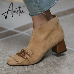 Aiertu Autumn Ladies Sheep Suede Fringe Ankle Boots Zip Chunky High Heel Square Toe Chain Tassel Boots Fashion Women Modern Boots Aiertu