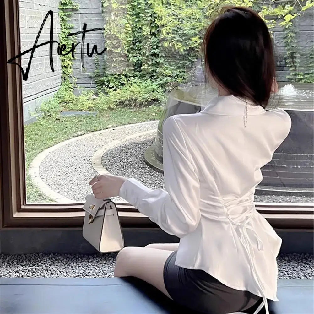 Aiertu Autumn Long Sleeve White Shirt Tops Women's Fashion Slim Blouses Ladies French Style Elegant Chic Back Lace-up Shirts Blusa Aiertu