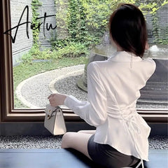 Aiertu Autumn Long Sleeve White Shirt Tops Women's Fashion Slim Blouses Ladies French Style Elegant Chic Back Lace-up Shirts Blusa Aiertu