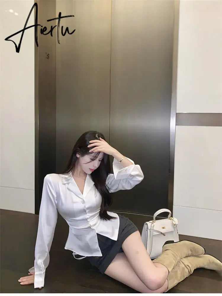 Aiertu Autumn Long Sleeve White Shirt Tops Women's Fashion Slim Blouses Ladies French Style Elegant Chic Back Lace-up Shirts Blusa Aiertu