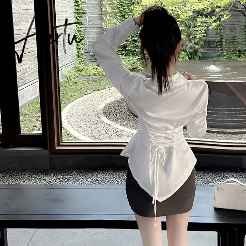 Aiertu Autumn Long Sleeve White Shirt Tops Women's Fashion Slim Blouses Ladies French Style Elegant Chic Back Lace-up Shirts Blusa Aiertu
