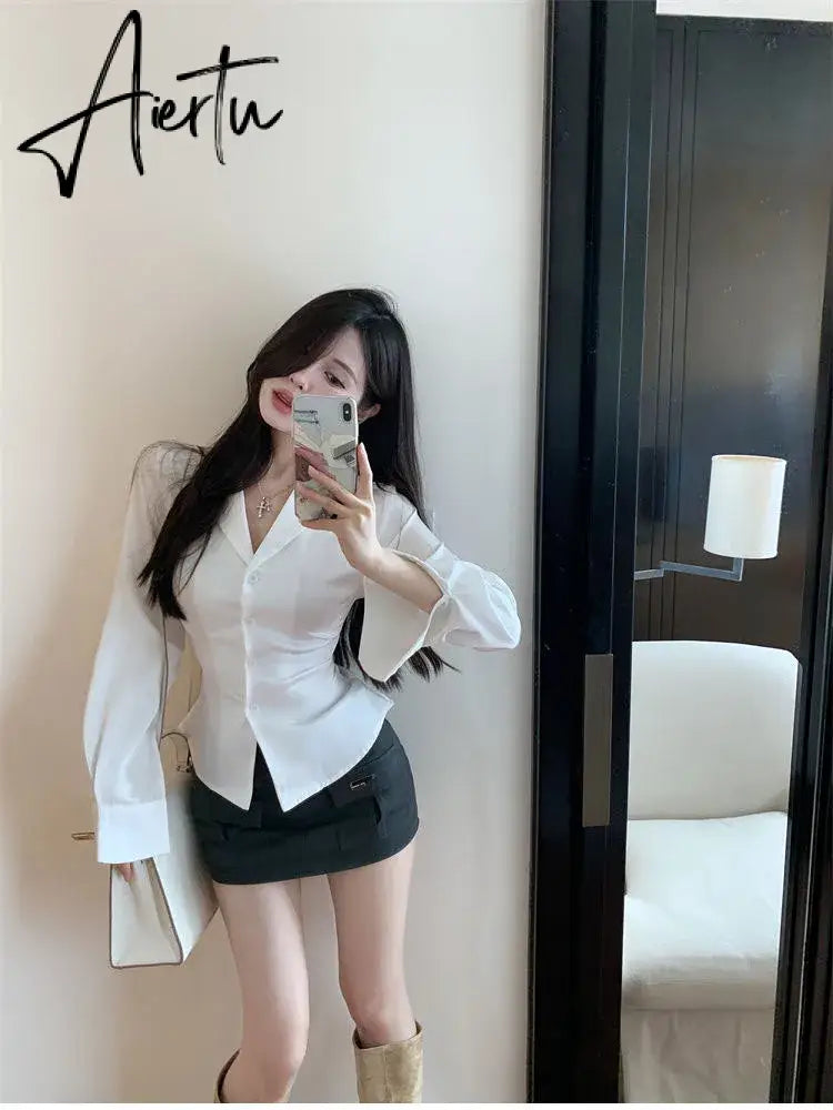 Aiertu Autumn Long Sleeve White Shirt Tops Women's Fashion Slim Blouses Ladies French Style Elegant Chic Back Lace-up Shirts Blusa Aiertu
