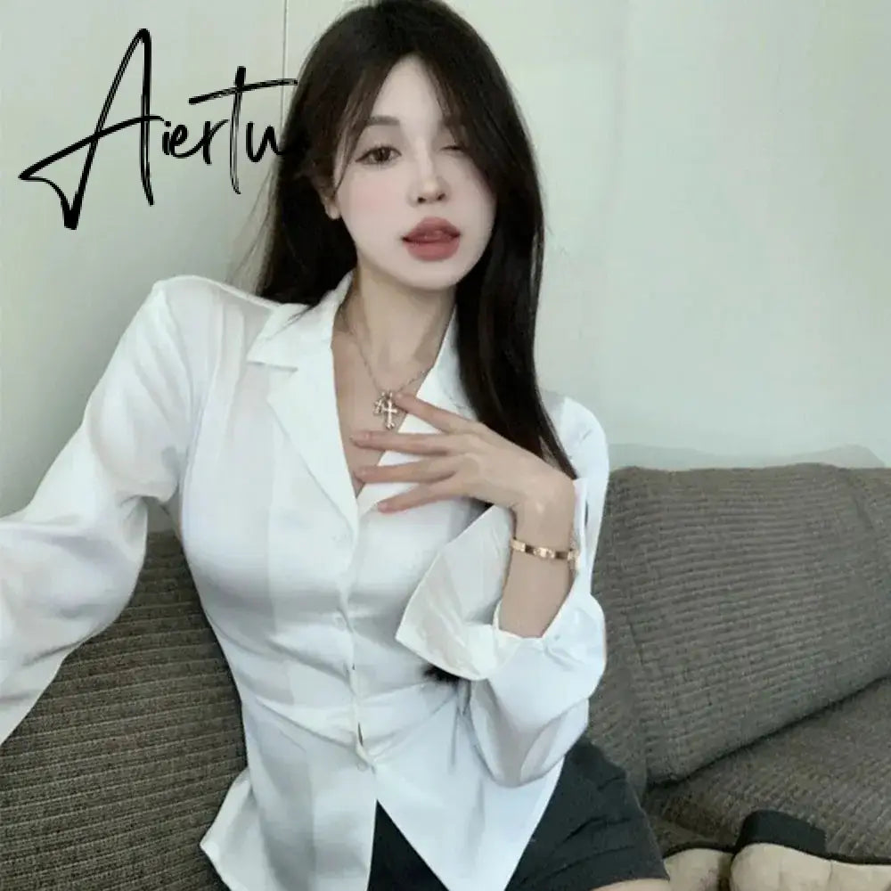 Aiertu Autumn Long Sleeve White Shirt Tops Women's Fashion Slim Blouses Ladies French Style Elegant Chic Back Lace-up Shirts Blusa Aiertu