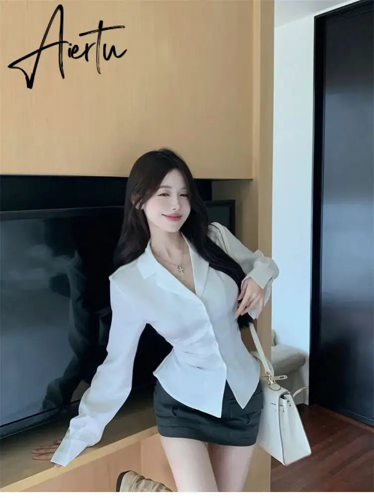 Aiertu Autumn Long Sleeve White Shirt Tops Women's Fashion Slim Blouses Ladies French Style Elegant Chic Back Lace-up Shirts Blusa Aiertu