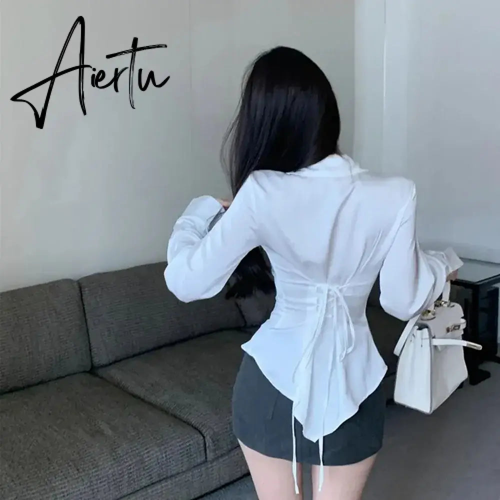 Aiertu Autumn Long Sleeve White Shirt Tops Women's Fashion Slim Blouses Ladies French Style Elegant Chic Back Lace-up Shirts Blusa Aiertu