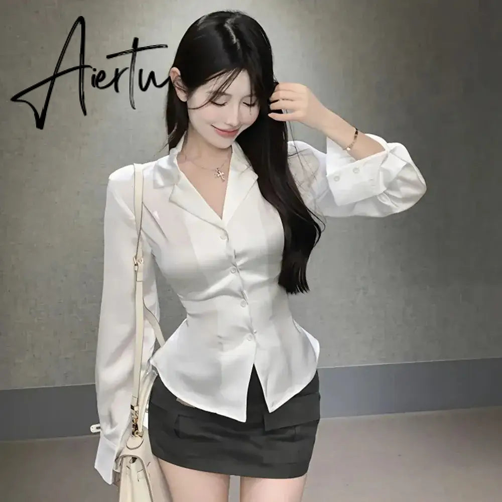 Aiertu Autumn Long Sleeve White Shirt Tops Women's Fashion Slim Blouses Ladies French Style Elegant Chic Back Lace-up Shirts Blusa Aiertu