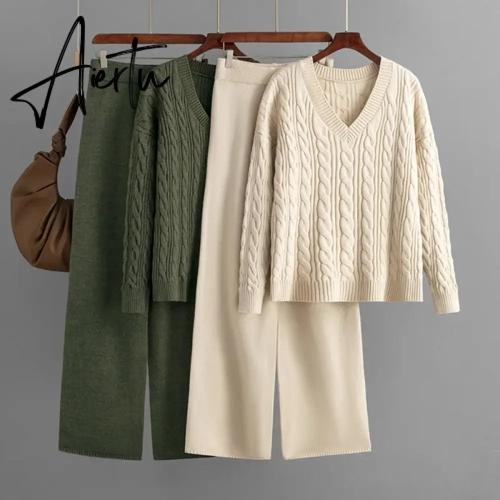 Aiertu  Autumn Loose Two Pieces Sets Women Twist Striped Sweater+Wide Legs Thick Long Pant Home Wear Casual Knitted Suits Aiertu