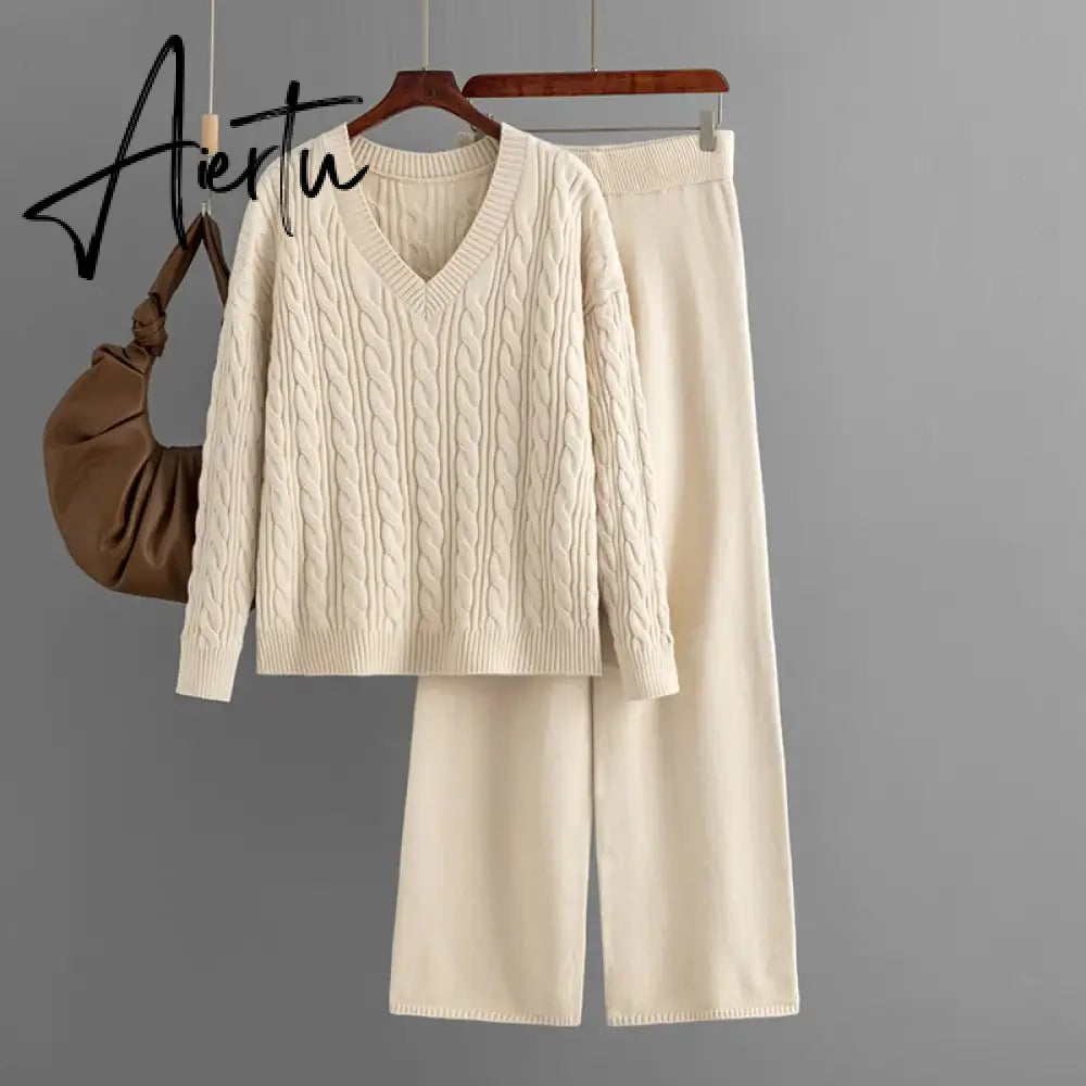 Aiertu  Autumn Loose Two Pieces Sets Women Twist Striped Sweater+Wide Legs Thick Long Pant Home Wear Casual Knitted Suits Aiertu