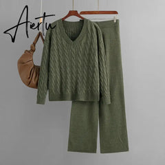 Aiertu  Autumn Loose Two Pieces Sets Women Twist Striped Sweater+Wide Legs Thick Long Pant Home Wear Casual Knitted Suits Aiertu