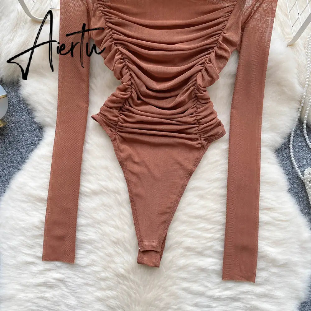 Aiertu Autumn Mesh Basic Top Women Turtleneck Long Sleeve Ruched Open Crotch Slim Playsuits Fashion Sheer Sexy Bodysuits Aiertu