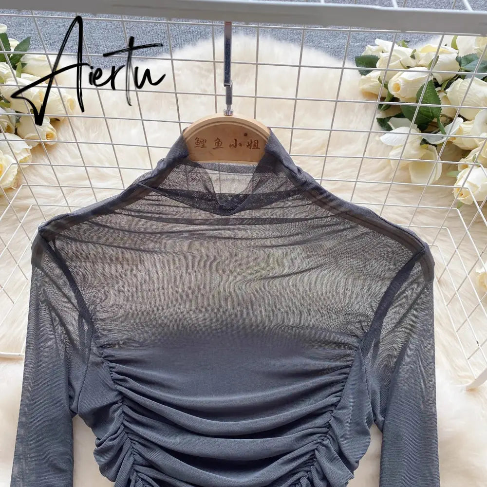Aiertu Autumn Mesh Basic Top Women Turtleneck Long Sleeve Ruched Open Crotch Slim Playsuits Fashion Sheer Sexy Bodysuits Aiertu