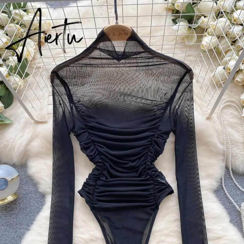 Aiertu Autumn Mesh Basic Top Women Turtleneck Long Sleeve Ruched Open Crotch Slim Playsuits Fashion Sheer Sexy Bodysuits Aiertu