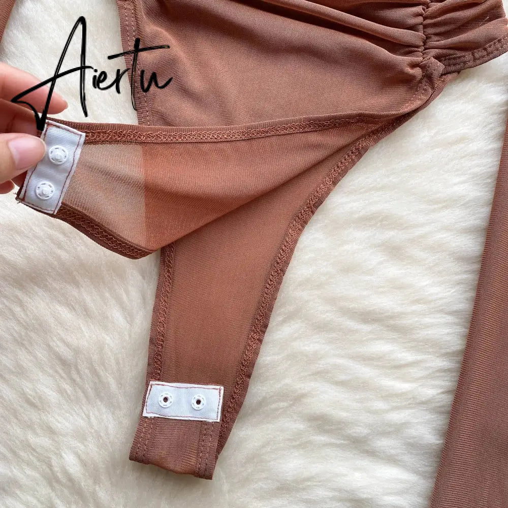 Aiertu Autumn Mesh Basic Top Women Turtleneck Long Sleeve Ruched Open Crotch Slim Playsuits Fashion Sheer Sexy Bodysuits Aiertu