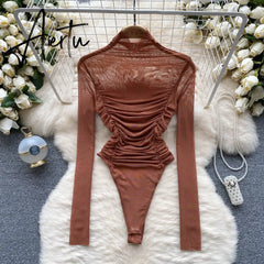 Aiertu Autumn Mesh Basic Top Women Turtleneck Long Sleeve Ruched Open Crotch Slim Playsuits Fashion Sheer Sexy Bodysuits Aiertu