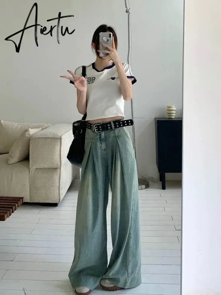 Aiertu Autumn New American Vintage Jeans Woman High Waist Loose Slim Fashion Jeans Female Blue Street Chic Straight Women Jeans Aiertu