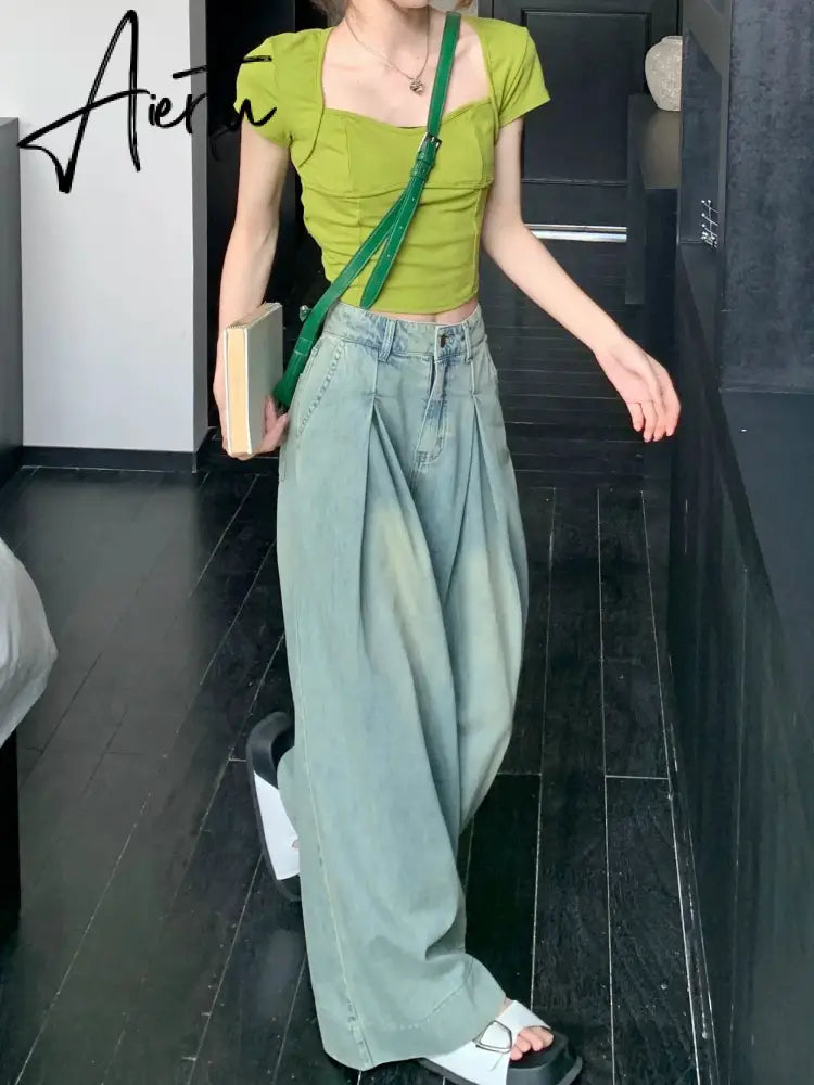 Aiertu Autumn New American Vintage Jeans Woman High Waist Loose Slim Fashion Jeans Female Blue Street Chic Straight Women Jeans Aiertu