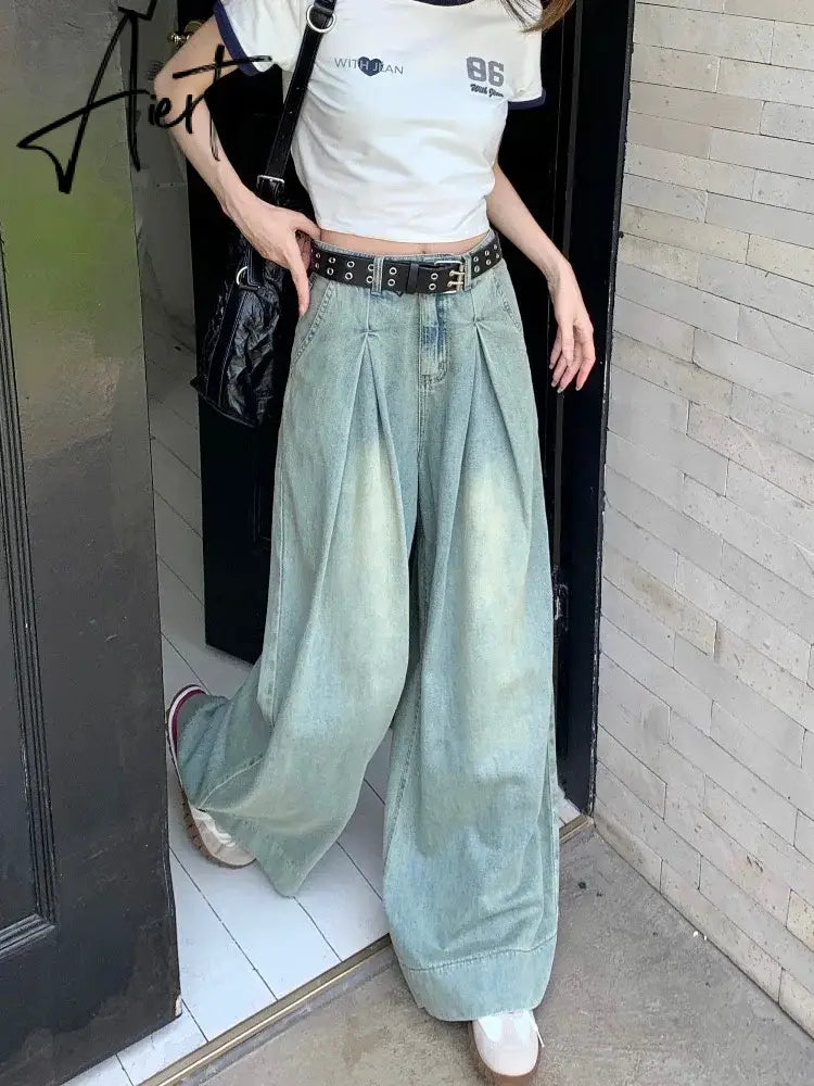 Aiertu Autumn New American Vintage Jeans Woman High Waist Loose Slim Fashion Jeans Female Blue Street Chic Straight Women Jeans Aiertu