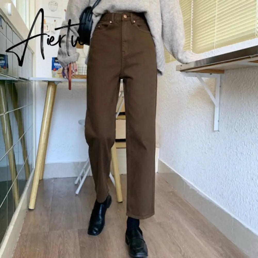 Aiertu autumn New Brown Straight Denim Vintage Slender Office Lady Jeans Women Trousers High Waist Large Size Pants Female KZ703 Aiertu