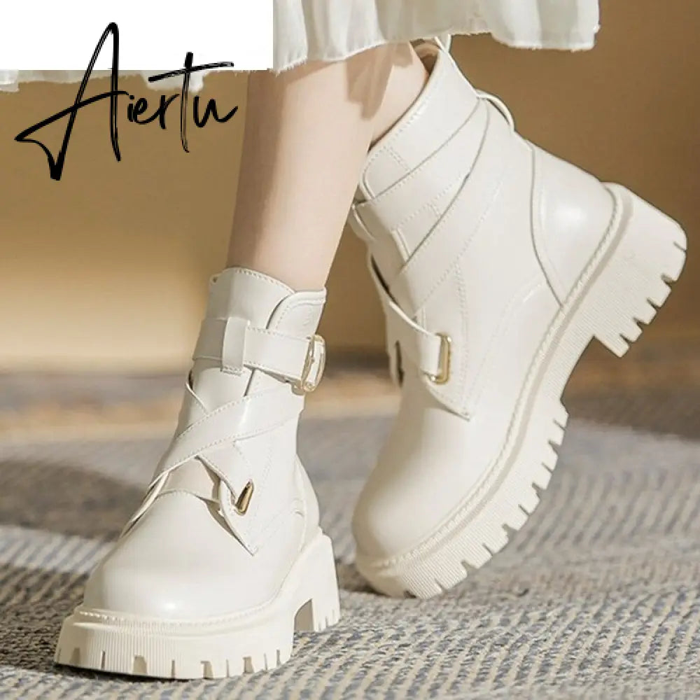 Aiertu  Autumn New Round Head Punk Women's Ankle Boots Patent Leather Fashion Platform Buckle Thick Heel Women's Motorcycle Boots Aiertu