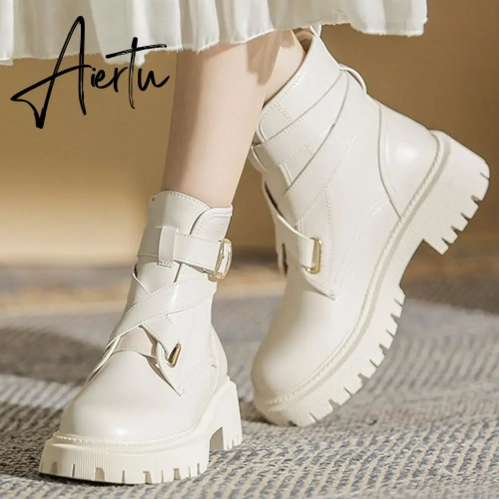 Aiertu  Autumn New Round Head Punk Women's Ankle Boots Patent Leather Fashion Platform Buckle Thick Heel Women's Motorcycle Boots Aiertu