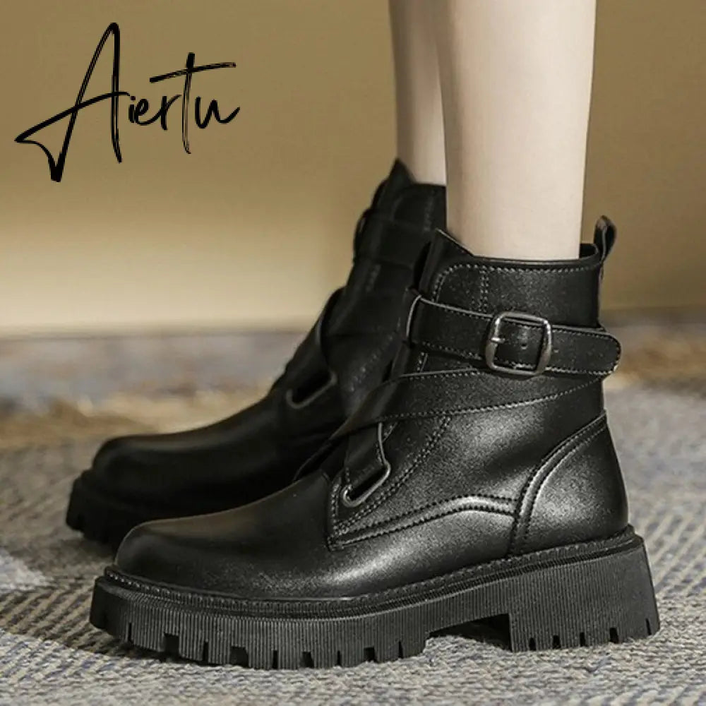 Aiertu  Autumn New Round Head Punk Women's Ankle Boots Patent Leather Fashion Platform Buckle Thick Heel Women's Motorcycle Boots Aiertu