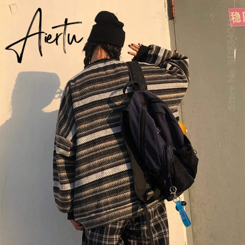 Aiertu  Autumn Pullover Women Vintage Striped Oversize Sweater Long Sleeve Knitted Tops Hip Hop  Streetwear Pullover Female Aiertu