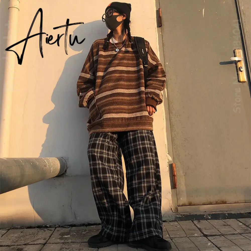 Aiertu  Autumn Pullover Women Vintage Striped Oversize Sweater Long Sleeve Knitted Tops Hip Hop  Streetwear Pullover Female Aiertu