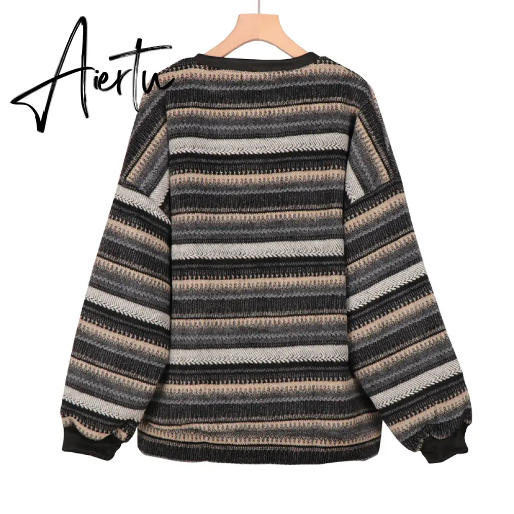 Aiertu  Autumn Pullover Women Vintage Striped Oversize Sweater Long Sleeve Knitted Tops Hip Hop  Streetwear Pullover Female Aiertu