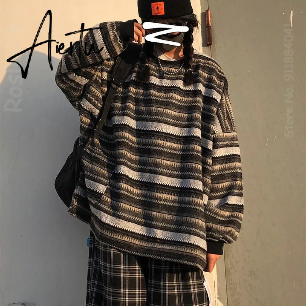Aiertu  Autumn Pullover Women Vintage Striped Oversize Sweater Long Sleeve Knitted Tops Hip Hop  Streetwear Pullover Female Aiertu