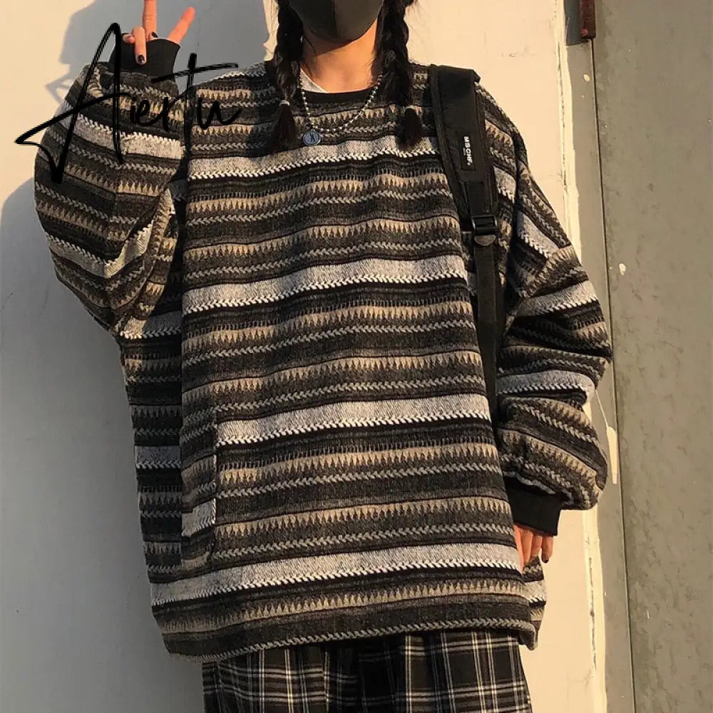 Aiertu  Autumn Pullover Women Vintage Striped Oversize Sweater Long Sleeve Knitted Tops Hip Hop  Streetwear Pullover Female Aiertu